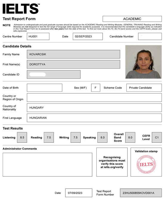Dorottya prepared by herself and passed IELTS with a Band 8