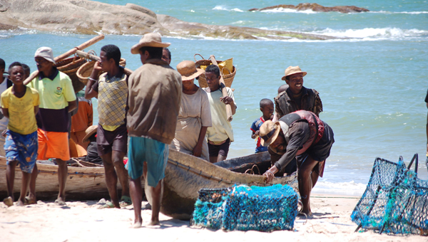 Bringing in the catch at the lobster fishery in Sainte Luce