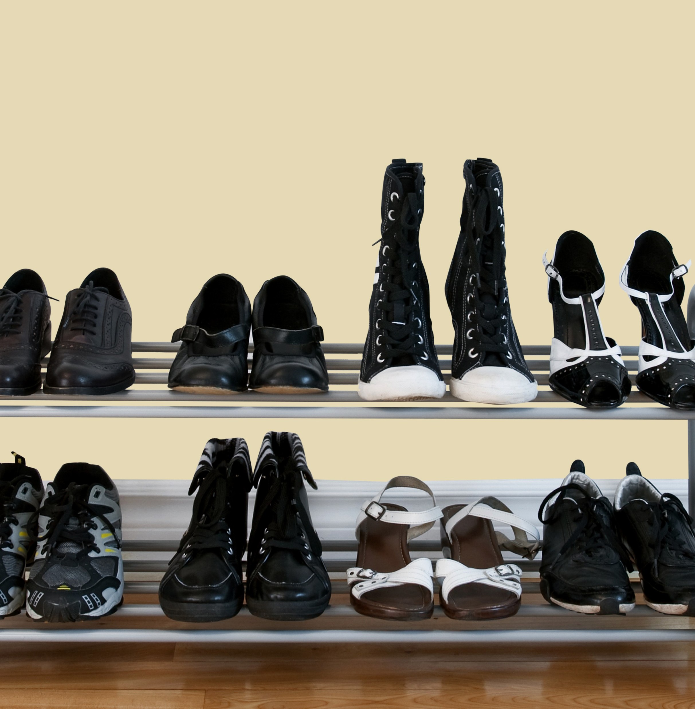 Shoes organized neatly in a shoe rack