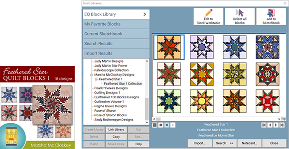 Product Spotlight: Feathered Star Quilt Blocks 1 There are over 100 block add-ons to choose from for EQ8! This one, by Marsha McCloskey adds 18 pieced feathered stars to your EQ Block Library. Design your own quilts using any of these beautiful blocks! Shop Block Add-ons >